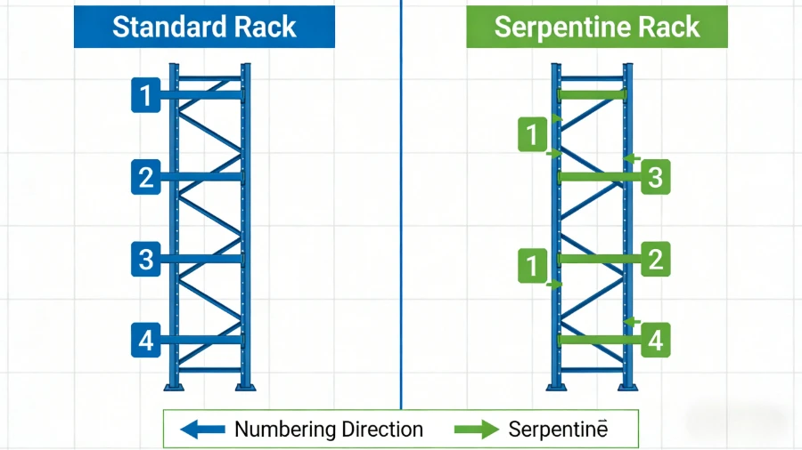standard vs serpentine warehouse rack labeling diagram showing numbering direction differences